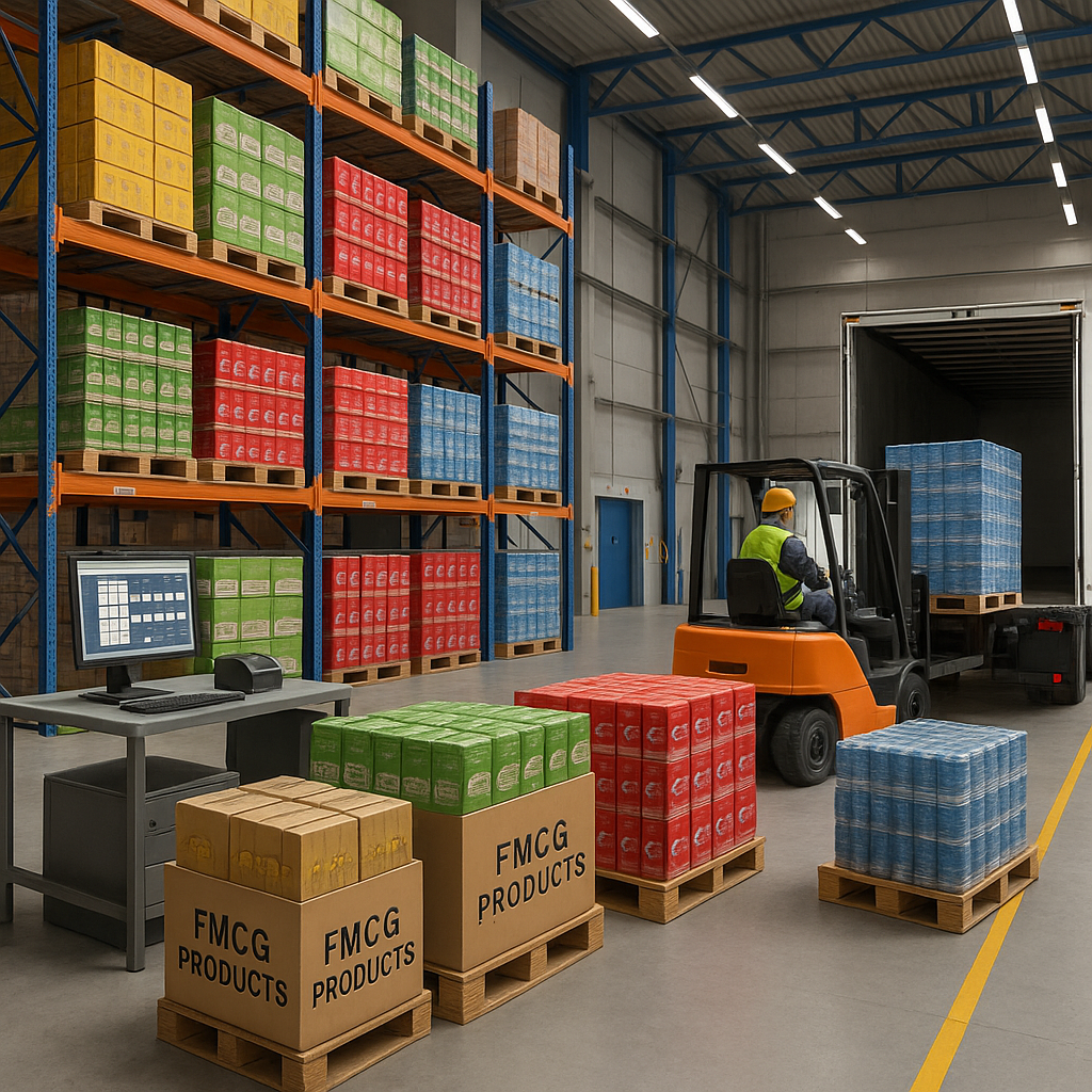 A modern warehouse facility with organized pallets
